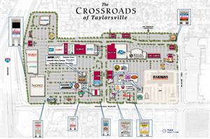 A map of the Crossroads of Taylorsville site, with Regal Cinemas in the middle right.  The 12-screen Midvalley Cinemas were demolished in 2002 to make way for 24 Hour Fitness, in the top left corner of the development.  The 6-screen Showstar Cinemas are shown in gray in the top right. - , Utah