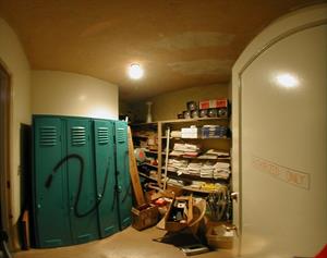A panorama of the equipment room.  The door is labeled "Authorized Only."  Four lockers appear to have half the word "Villa" spray-painted on the front. - , Utah