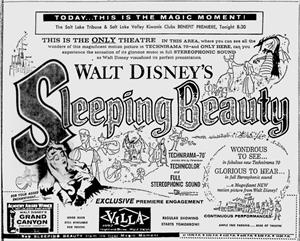 <em>Sleeping Beauty</em> at the Villa Theatre.  "Today...  This is the Magic Moment!  The Salt Lake Tribune & Salt Lake Valley Kiwanis Clubs BENEFIT PREMIERE, Tonight 8:30." - , Utah