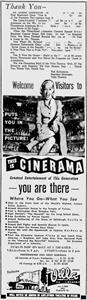 The advertisement for <em>This is Cinerama</em> the day after its benefit premiere included a 'Thank You' letter from theater manager Ted Kirkmeyer. - , Utah