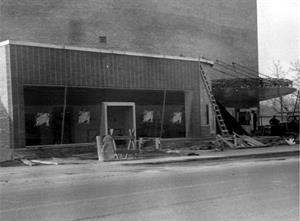 The empty retail space on 17 November 1949, as construction on the Villa Theatre nears completion. - , Utah
