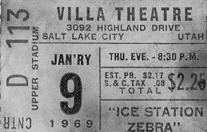 A ticket stub for seat D113 in the Center Upper Stadium section, for the 9 January 1969 8:30 P.M. showing of <em>Ice Station Zebra</em>.  The ticket price was $2.25. - , Utah
