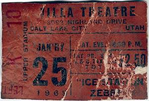 A ticket stub with a dark red background, a fold across the middle, and some damage in the lower right corner. - , Utah