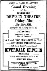 Opening day newspaper advertisement for the Riverdale Drive-in Theatre on 23 May 1947.