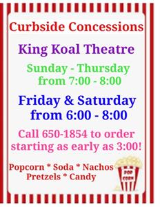Curbside concessions available curing COVID-19 include popcorn, soda, nachos, pretzels, and candy.