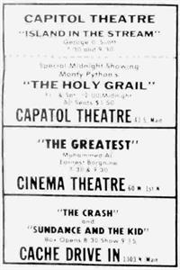 <em>The Crash</em> and <em>Sundance and the Kid</em> at the Cache Drive-In, in a group advertisement that included the Capitol Theatre and Cinema Theatre. - , Utah
