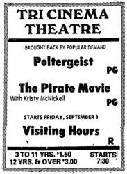 Newspaper advertisement for the Tri Cinema Theatre in 1982.
