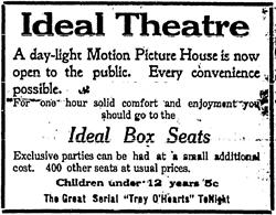 A newspaper advertisement for the movie 'Trey O'Hearts' at the Ideal Theatre on 13 November 1914