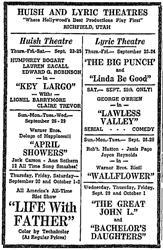 Newspaper advertisement for the Huish Theatre and Lyric Theatre in Richfield, Utah.