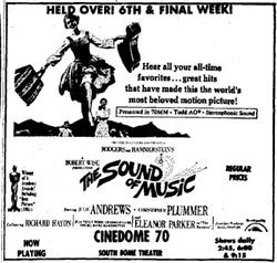Newspaper advertisement for 'The Sound of Music' in 70mm at the Cinedome 70.