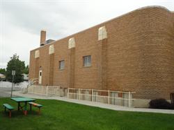 The east exterior wall of the auditorium.