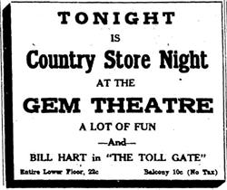 Newspaper advertisement: 'Tonight is Country Store Night at the Gem Theatre.'