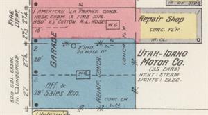 The former Liberty Theatre on a 1917 Sanborn fire insurance map.  The theater, shown in blue, was annexed by an adjacent garage in 1915.