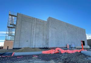 The north exterior wall, with a temporary stairway to the roof on the left side. - , Utah