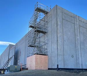 The northwest corner of the building.  A plywood wall blocks access to temporary stairs to the roof. - , Utah