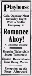 An advertisement announces the gala opening of the Playhouse the following Saturday night.
