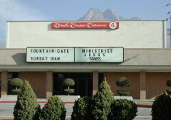 Still bearing the 'Carmike Cinemas Cottonwood 4' sign, the theater is now the Fountain-Gate Ministries.