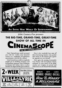 "Only CinemaScope could surround you with the world's most beautiful women in a wonderful and glamorous entertainment with life-like realism!</p>
<div> </div>
<div>"Only CinemaScope could so completely engulf you in thrilling intimacy - and breathtaking panorama from Manhattan penthouses and fashion shows to silver streaked ski slopes and the great outdoors.</div>
<div> </div>
<div>"Here is the wonderful love story of three fascinating females who pooled their beauty in the funniest plot agains the opposite sex ever divised!</div>
<div> </div>
<div>Once again, the amazing Anamorphic Lens Process with Stereophonic Sound, acclaimed in every corner of the globe, reaches new heights of artisty and achievement on the Miracle Mirror Screen."</div> - , Utah