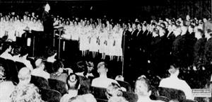 'The Tabernacle Choir, with Richard P. Condie directing, sings at 'This Is Cinerama' premiere at Villa. The choir also does background music for several impressive sequences in the picture, which contains scenes taken in Utah, Yellowstone, Wyoming and other western sites. The world-famed choir sings three full selections in 'This Is Cinerama.'' - , Utah