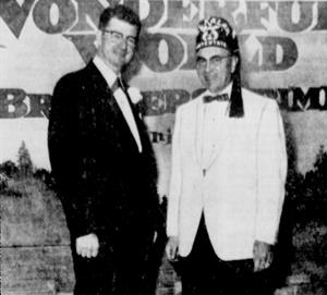 Ted Kirkmeyer (left), city manage for Fox Theaters, and C. Parker Coombs, illustrious potentate of the El Kalah Shrine, figured in premiere of "Wonderful World of the Brothers Grimm" at Villa. - , Utah