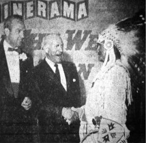 "Sid Page (left), manager of the Villa Theater; Maurice Warshaw (center), executive officer of the Utah Society for the Physically Handicapped, and Indian Chief Reuben Cesspooch took part in 