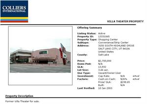 Screenshot of a realty webpage listing the 'Former Villa Theatre' for $2,700,000. - , Utah