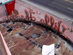 Looking down at the roof of the entrance canopy, with the words 'Villa Theatre' seen from behind. - , Utah