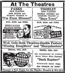 "Suggest a New Name for the Thorley Theatre & Win $10", at the bottom of an advertisement for the Parks Theatre and Thorley Theatre.  - , Utah
