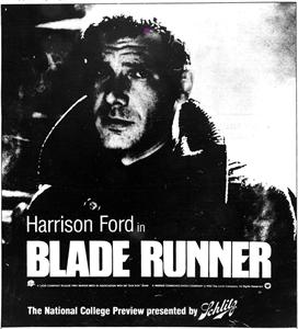 Advertisement for the "National College Preview" of <em>Blade Runner</em>, presented by Schlitz.  This teaser ran on Monday, followed by ads on Tuesday and Wednesday with details on how to obtain tickets. - , Utah