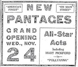 A newspaper ad announces 24 November 1920 as the grand opening date for the New Pantages Theatre. - , Utah