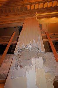 Damage to one of the decorative columns from the 1968 remodel.  Temporary railing was added on the mezzanine after an attempted remodel removed the escalator. - , Utah