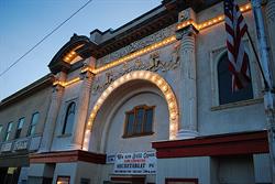 Facade of the Casino Star Theatre after a lighting ceremony on 5 November 2010.  Visible in this photo is the contrast between the original and the new pieces of the arch rosettes.  Also note the splendid reconditioned windows, courtesy of Phil and Shelley Kearns. - , Utah
