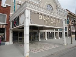 The entrance of the Ellen Eccles Theatre features a square canopy extending over the sidewalk.