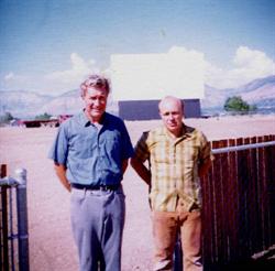 Darell Tullis and Ray Hansen, with the new screen on the north side of the drive-in.  The new theater had no speaker poles because it was one of the first to use radio broadcast. - , Utah