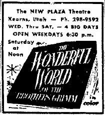 Newspaper ad for the 'NEW PLAZA Theatre'.  'The Wonderful World of the Brothers Grimm' showed 'in color' for four days in 1964. - , Utah