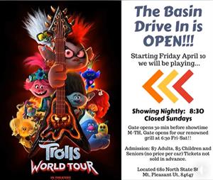 <em>Trolls World Tour</em> at the Basin Drive In, starting 10 April 2020.