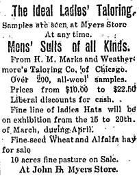 A text advertisement for the John E. Myers store from the Panguitch Progress newspaper in 1915. - , Utah