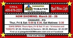 Graphic from the theater's website with showtimes for <em>Onward</em>, March 20 - 26<em>.</em>  The showings were cut short as the theater was forced to close temporarily, due to COVID-19. - , Utah