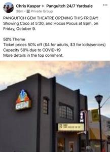 A screenshot on a smartphone was reposted to the Gem Theatre's Facebook page, showing an announcement by Chris Kasper posted in the Panguitch 24/7 Yardsale group. In addition to showtimes and pricing, the post includes a exterior photo of the theater at dusk. - , Utah