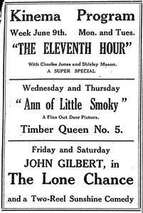 Text newspaper advertisement, with border, with the film program for the Kinema Theatre for Monday through Saturday, starting with June 9. - , Utah