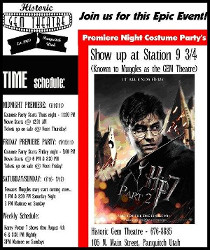 Advertisement for <span style='font-style: italic;'>Harry Potter and the Deathly Hallows: Part 2</span>, at 'Station 9 3/4, (Known to Muggles as the GEM Theatre)' - , Utah