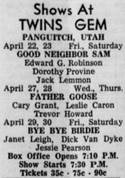 Advertisement for the Twins' Gem Theatre, which re-opened on 22 April 1966. - , Utah