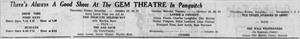 Below the title 'There's Always a Good Show At The GEM THEATRE In Panguitch', are four columns of text listings the films playing at the theater for the next ten days. - , Utah