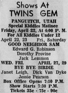 Text advertisement for the Twins Gem theater in Panguitch, Utah. - , Utah