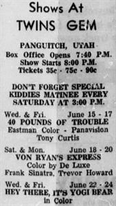 Text newspaper advertisement for the Twins Gem theater on 16 June 1966. - , Utah