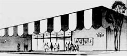<p>A drawing of the Valley Fair Cinemas from the opening day ad, showing the original entrance on the south side of the theater.  The building is not drawn to scale and ignores the length of the two eastern auditoriums.</p>