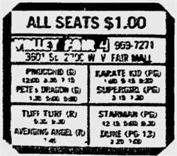 <p>First advertisement for the Valley Fair 4, after leaving the Starship Theaters chain.</p> - , Utah