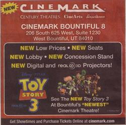Advertisement for the "new" Cinemark Bountiful 8, with new low prices, new seats, new lobby, new concession stand, and digital projection. - , Utah