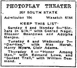 Newspaper ad for the Photo Player Theater. - , Utah