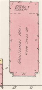 A simple floorplan showing the shape of the amusement hall, with the placement of windows and stage. The front of the building was about 20 feet from the property line. - , Utah